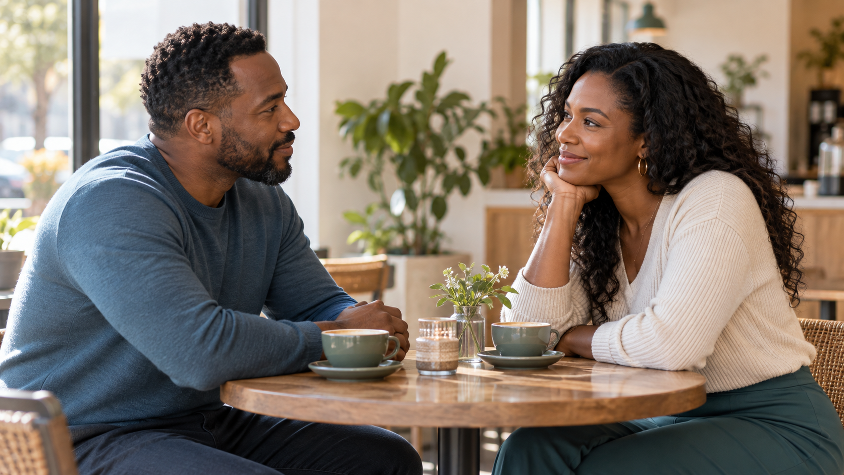 Couple discutant autour d’un café