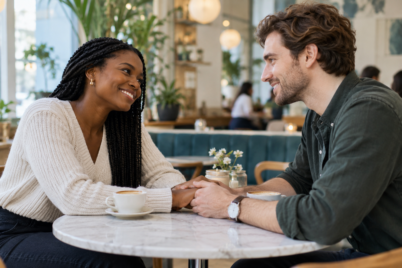 Couple métissé discutant avec bienveillance dans un café